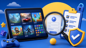 Digital game discovery and registration form reviewed with a checklist and shield