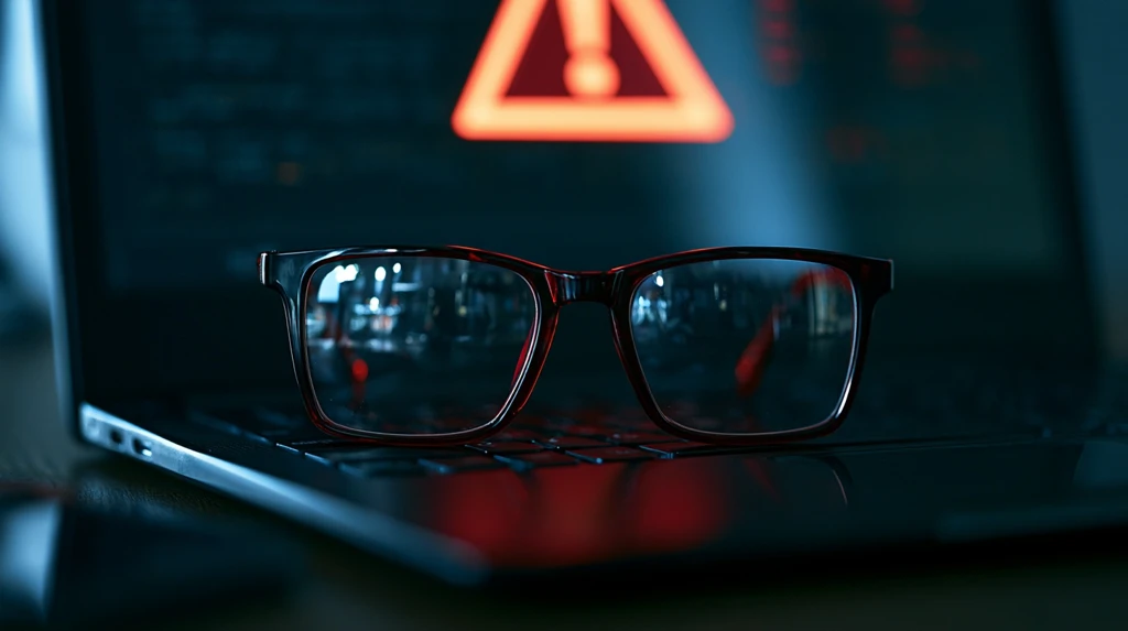A warning symbol reflected in glasses in front of a laptop - Gimkit bot site risks