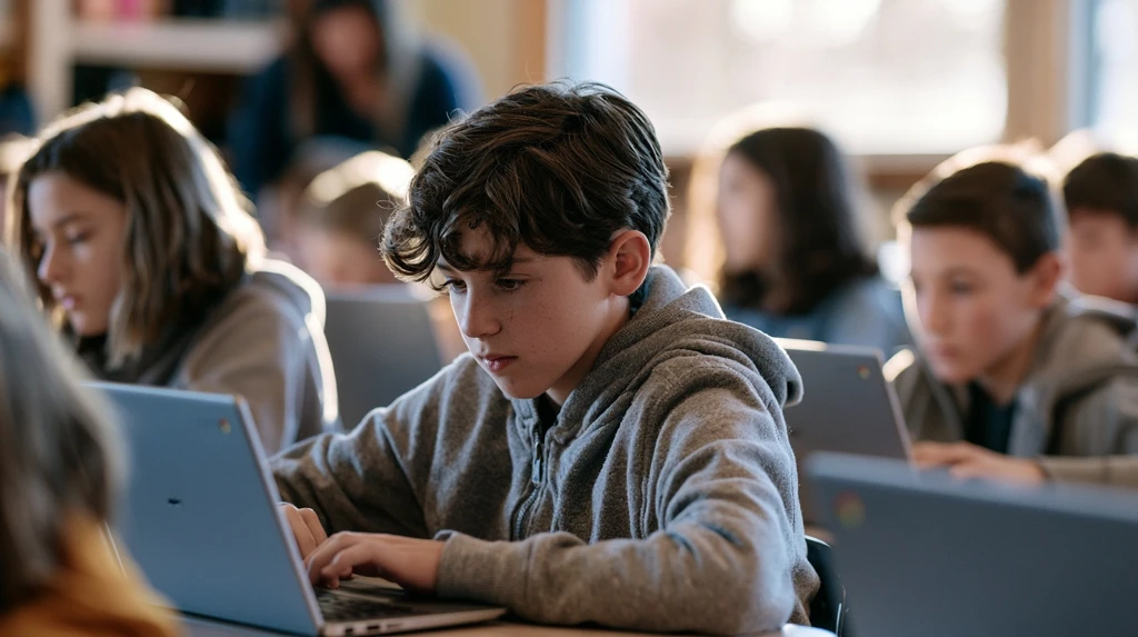 Students on Chromebooks in a classroom - playing a Blooket game set