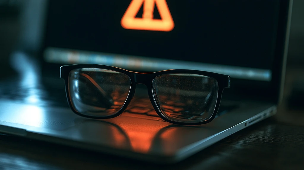 Warning symbol reflected in glasses beside a laptop - Blooket knockoff credential traps